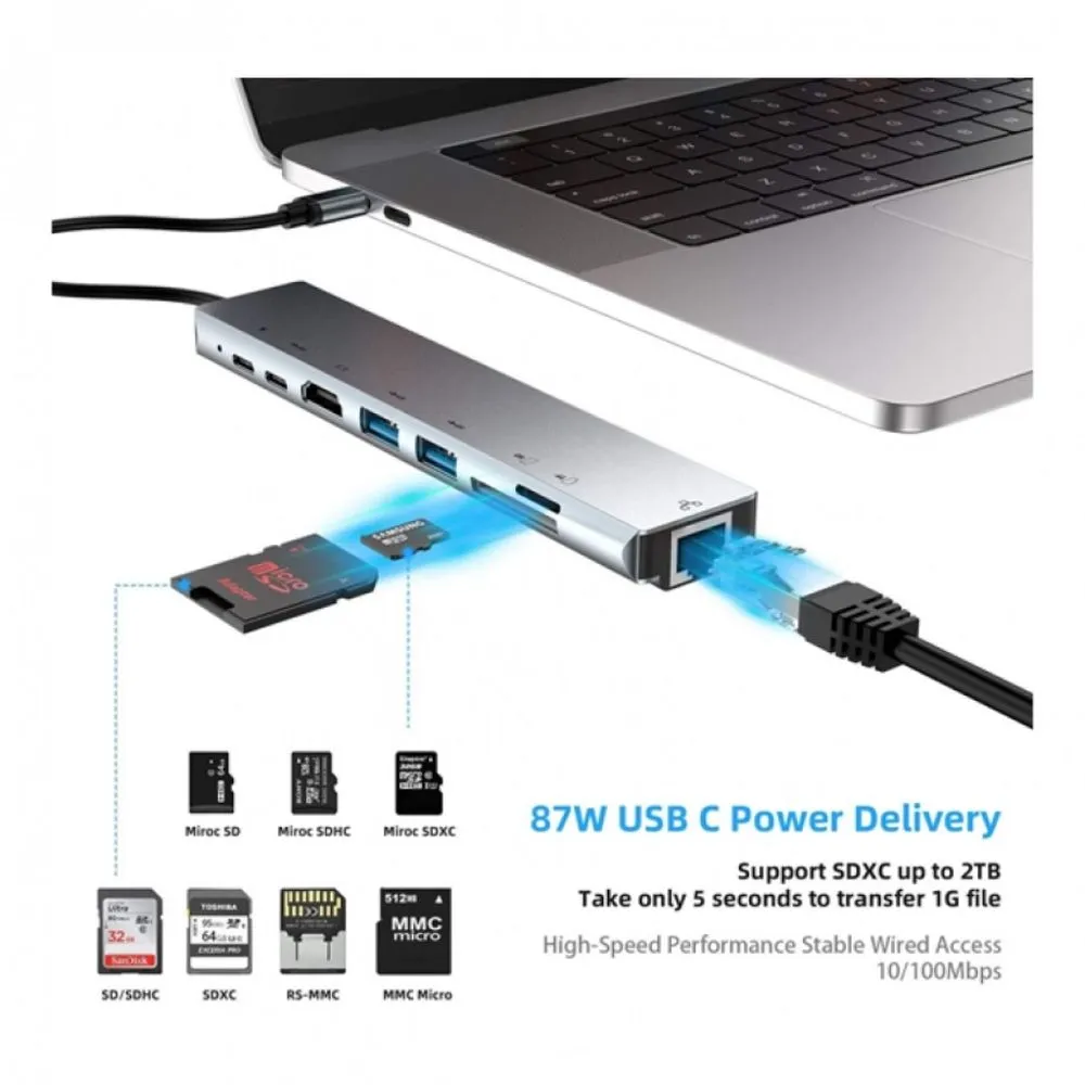 ADAPTADOR ALDEEPO AD-KZ05, USB,TIPO C, HDMI, LECTOS SD/TF, RJ45 - Vista 4