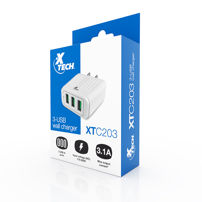 CARGADOR DE CELULAR XTECH XTC203 USB DE 3 PUERTOS, SALIDA TOTAL 5V/3.1A, ENTRADA 100-240V, COLOR BLANCO, PARA DISPOSITIVOS MOVILES
