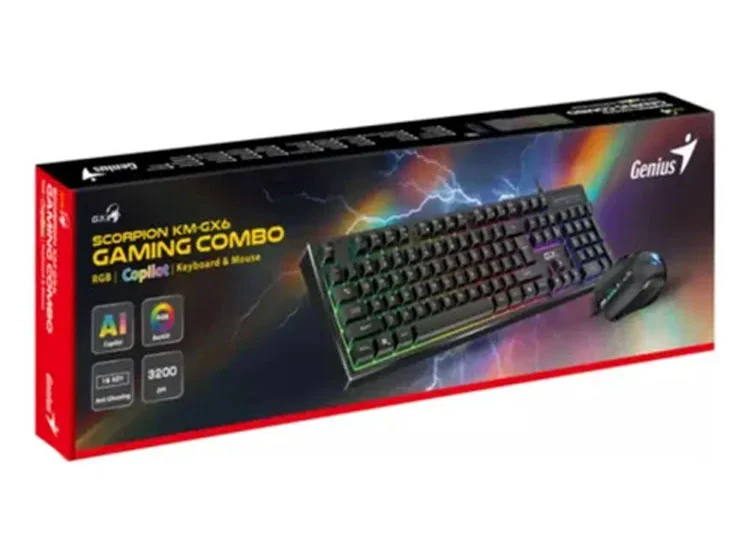 COMBO TECLADO Y MOUSE GAMER - GENIUS - GX SCORPION KM-GX6 AI COPILOT - COMBO GAMER RGB, TECLADO ANTI-GHOSTING 19 TECLAS, MOUSE 3200 DPI, COLOR NEGRO