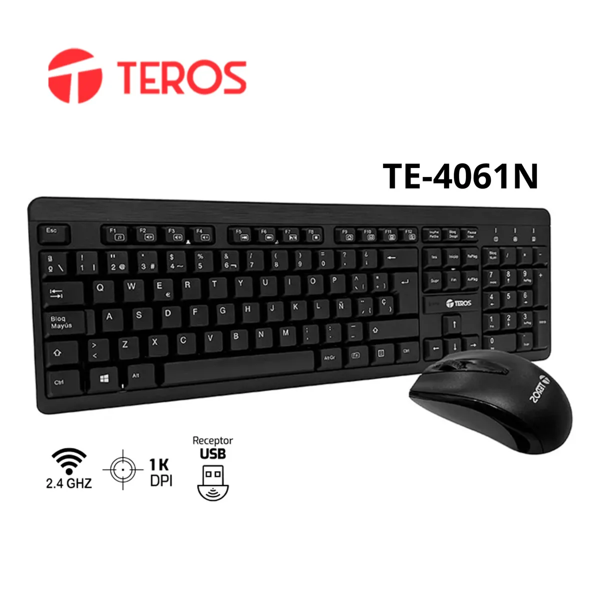 COMBO TECLADO Y MOUSE - TEROS - TE-4061N - COMBO TECLADO MULTIMEDIA Y MOUSE INALAMBRICO 2.4GHZ, RECEPTOR NANO USB, COLOR NEGRO