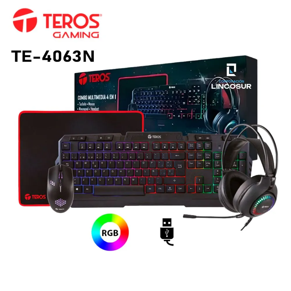 COMBO TECLADO Y MOUSE - TEROS - TE-4063N - KIT INCLUYE TECLADO , MOUSE, AUDIFONO Y MOUSE PAD, COLOR NEGRO