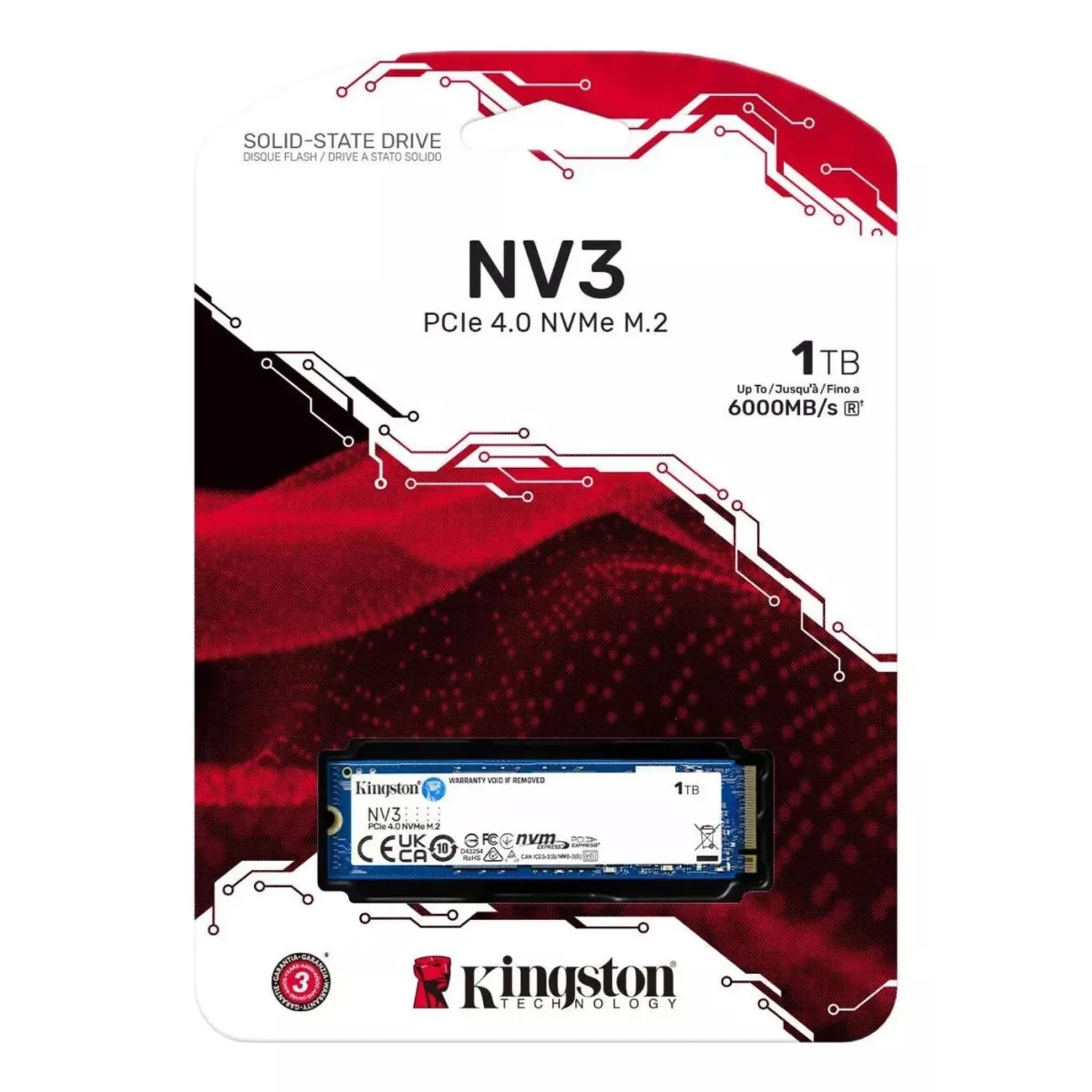 DISCO SOLIDO KINGSTON 1TB NV3 PCIE 4.0 NVME SSD VEL. LEC. 6000 MB/S VEL. ESCR. 4000 MB/S (SNV3S/1000G)