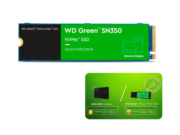 DISCO SOLIDO NVME WESTERN DIGITAL GREEN SN350 1TB SSD M.2 NVME PCIE, VELOCIDAD LECTURA HASTA 2400 MB/S, PARA USO GENERAL, E (WDS100T2G0C-00CDH0)